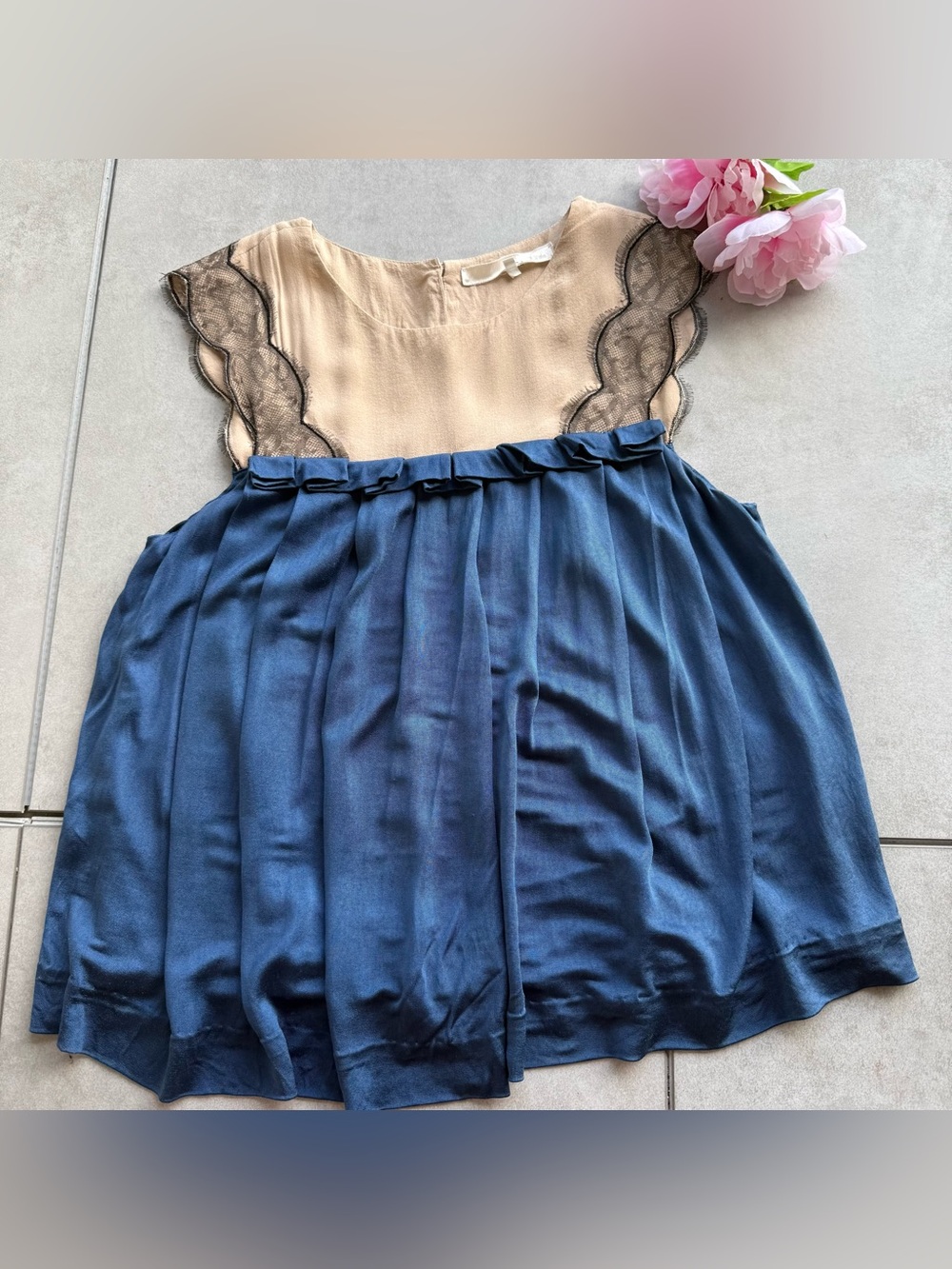 3.1 Phillip Lim Blouse Small blue Beige Gathered Silk Lace sleeveless plaited